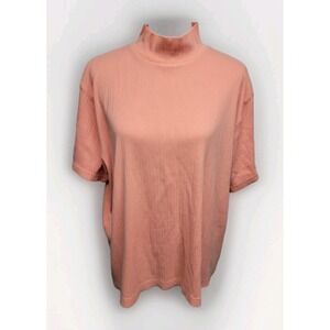 Vintage Venezia Womens Mock Neck Ribbed Comfy Tee Top Coral 22/24 Soft Cotton